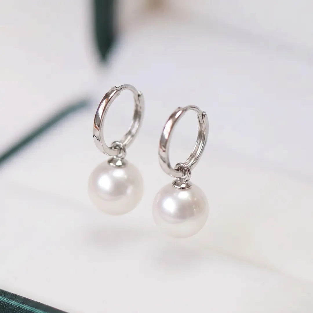 925 Sterling Silver Rhodium Plated Akoya Pearl Hoop Earrings (Hypoallergenic)