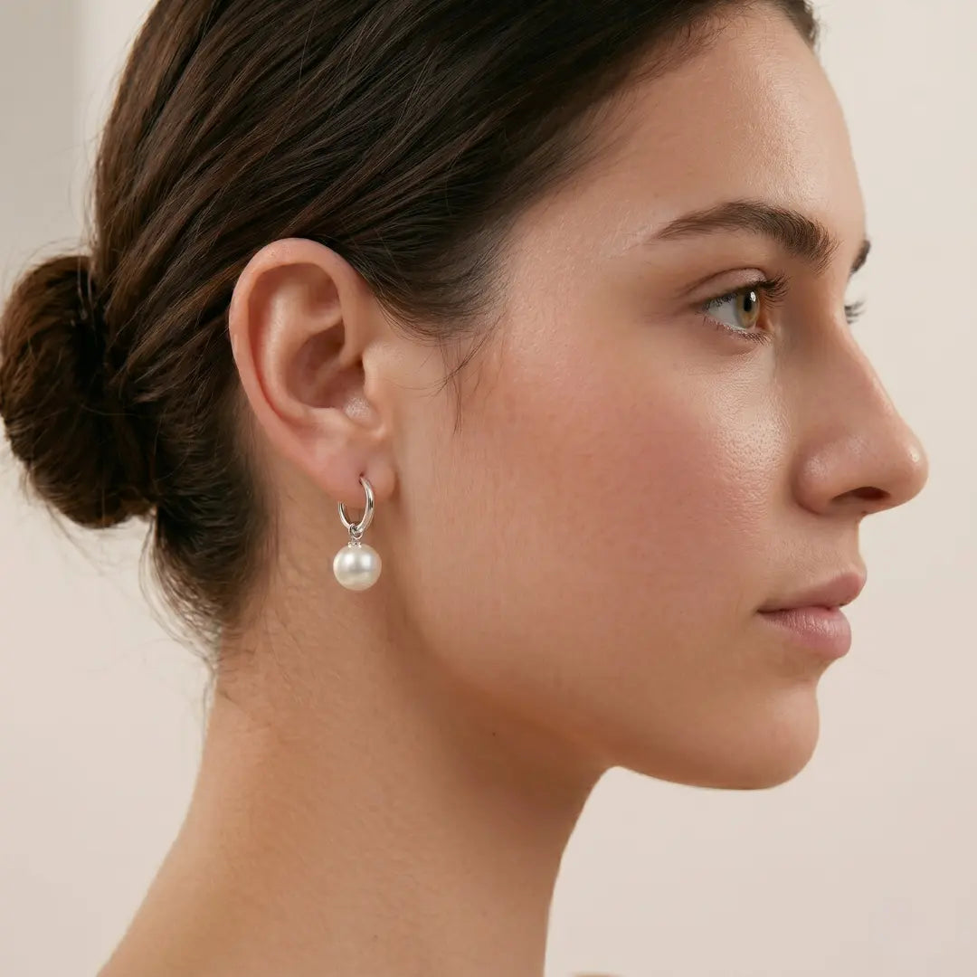 925 Sterling Silver Rhodium Plated Akoya Pearl Hoop Earrings (Hypoallergenic)