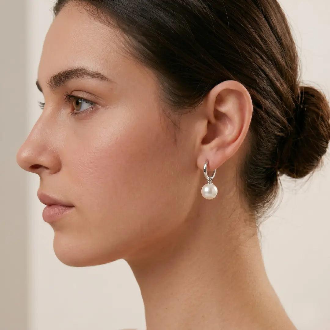 925 Sterling Silver Rhodium Plated Akoya Pearl Hoop Earrings (Hypoallergenic)