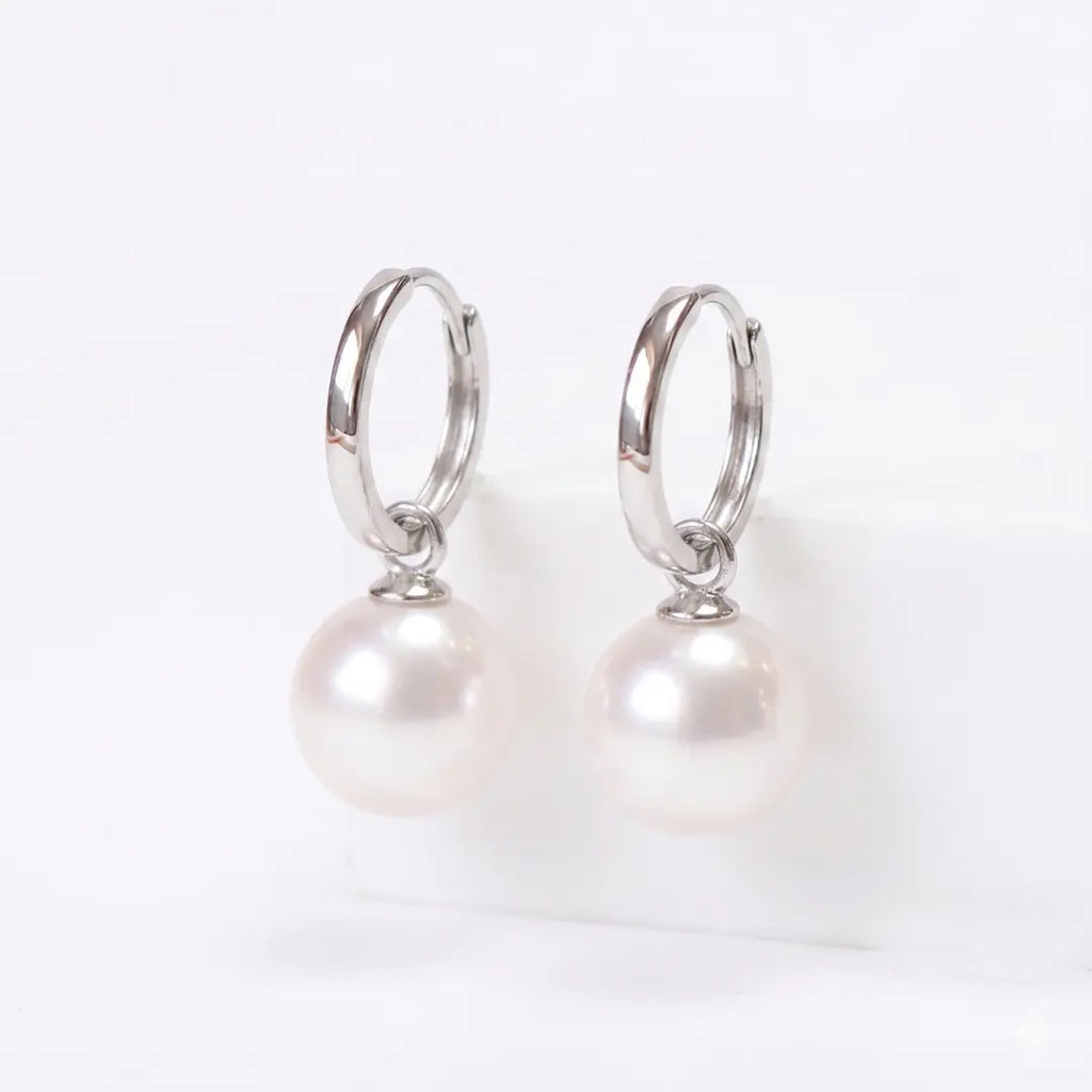 925 Sterling Silver Rhodium Plated Akoya Pearl Hoop Earrings (Hypoallergenic)