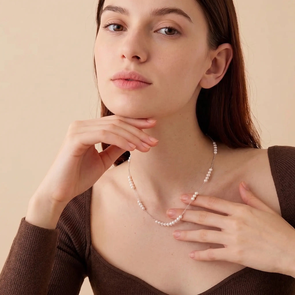 925 Sterling Silver Tiny Baby Pearl Necklace, 18K White Gold Plated Dainty Station Choker