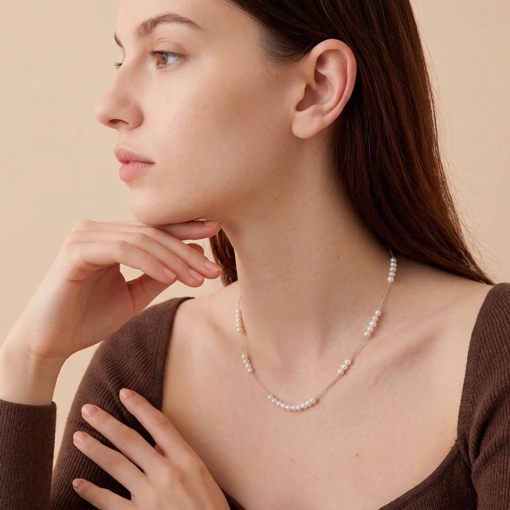 925 Sterling Silver Tiny Baby Pearl Necklace, 18K White Gold Plated Dainty Station Choker