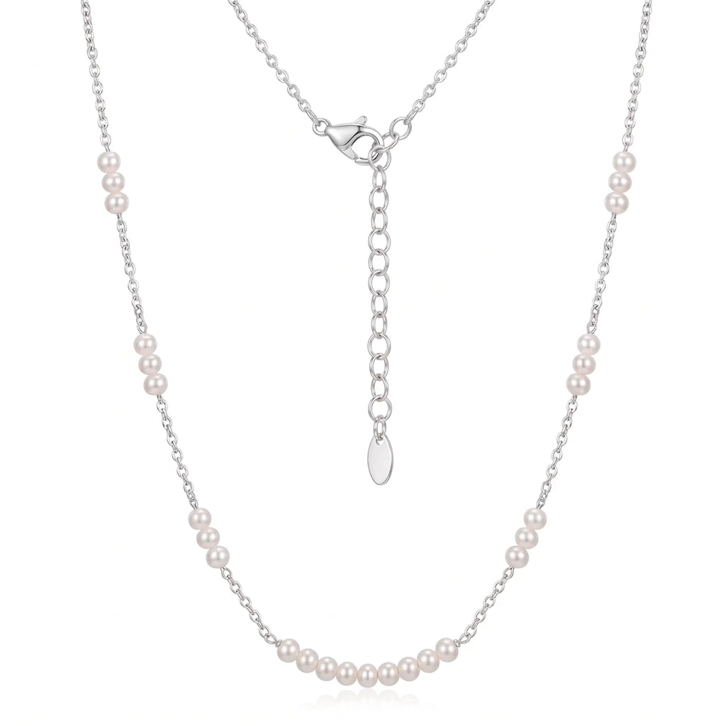 925 Sterling Silver Tiny Baby Pearl Necklace, 18K White Gold Plated Dainty Station Choker