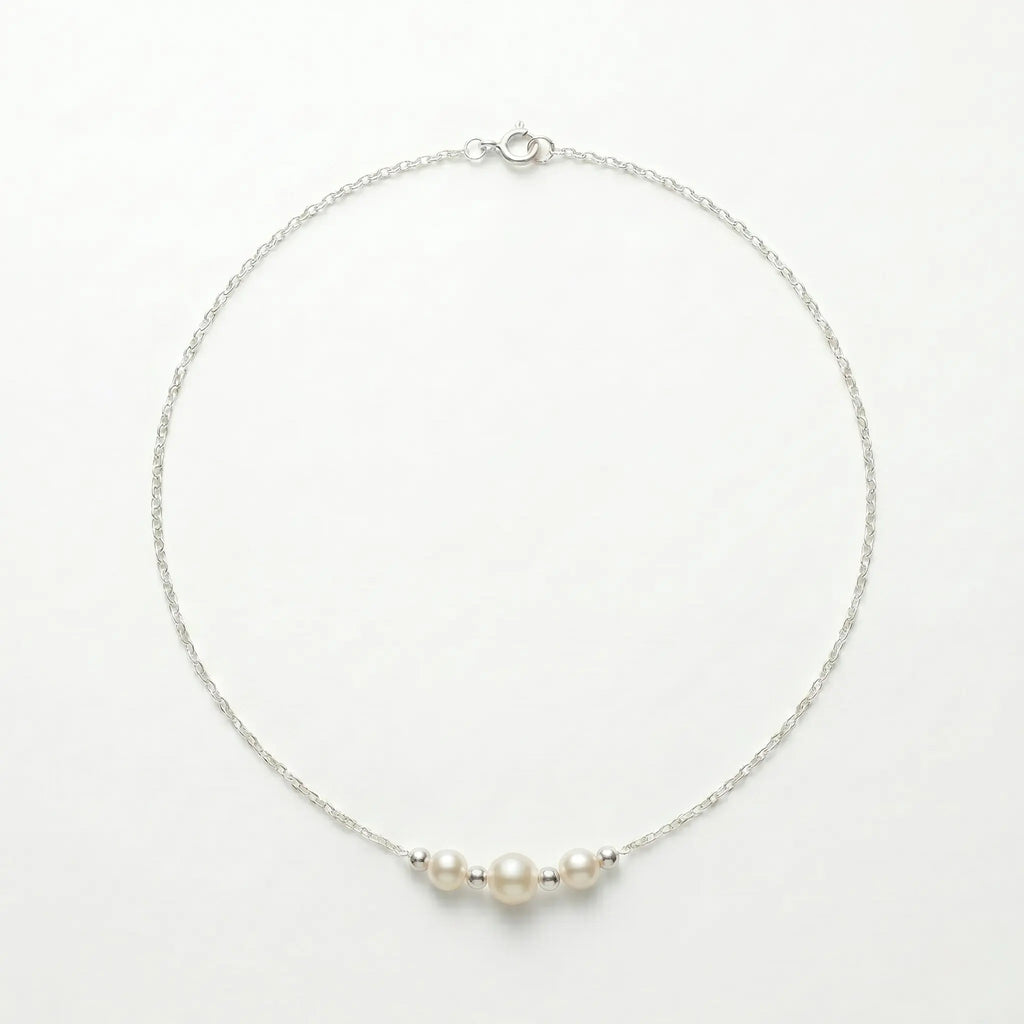 925 Sterling Silver 3-Pearl Station Choker Necklace for Women