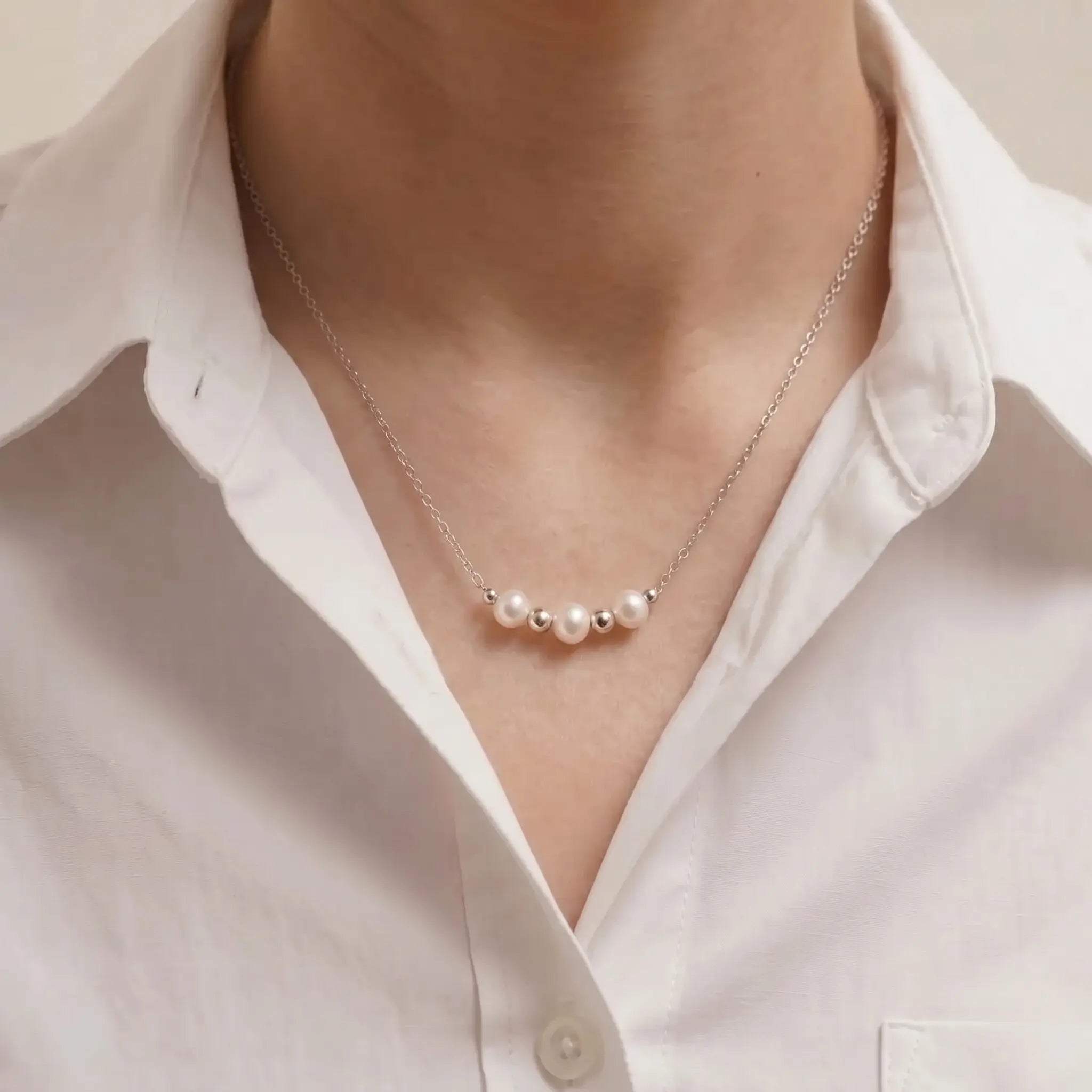 925 Sterling Silver 3-Pearl Station Choker Necklace for Women