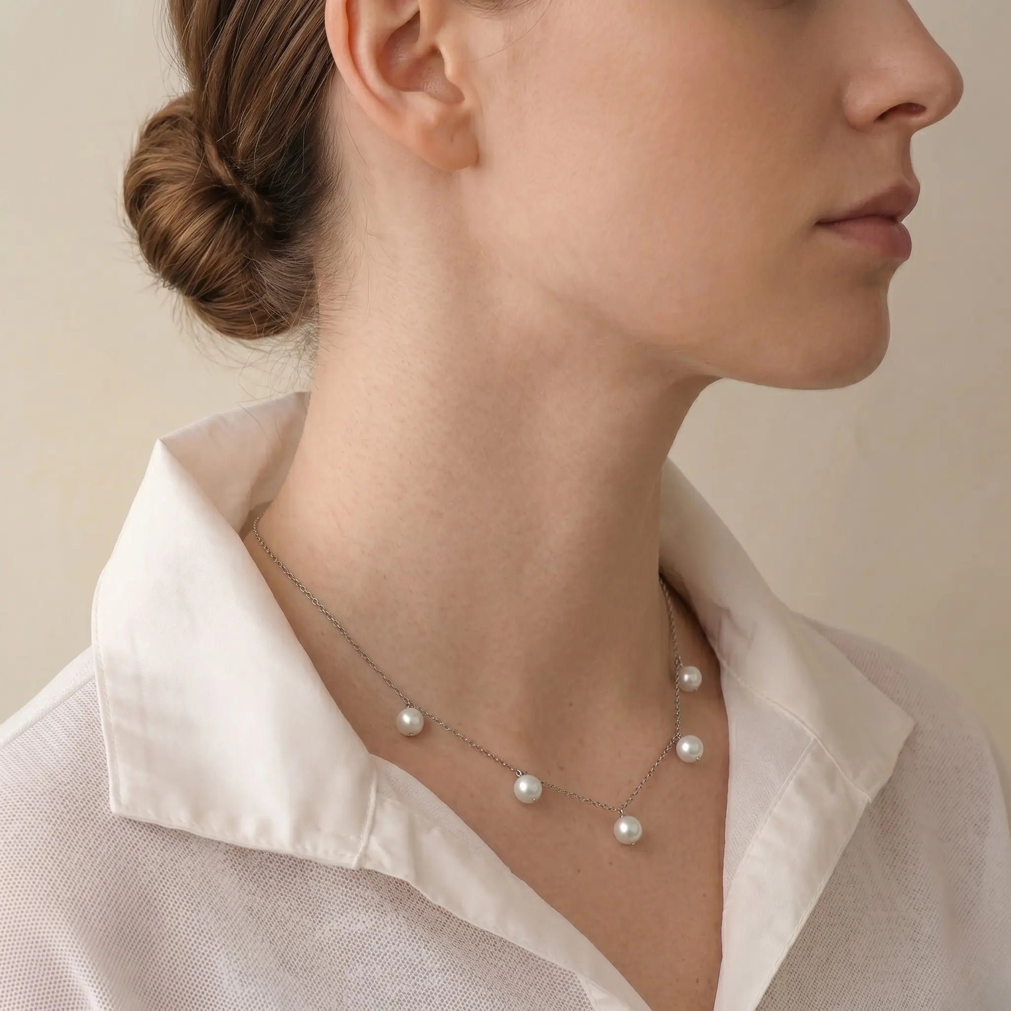 Pearl Station Drop Necklace in Sterling Silver - Minimalist Freshwater Pearl Dangle Choker