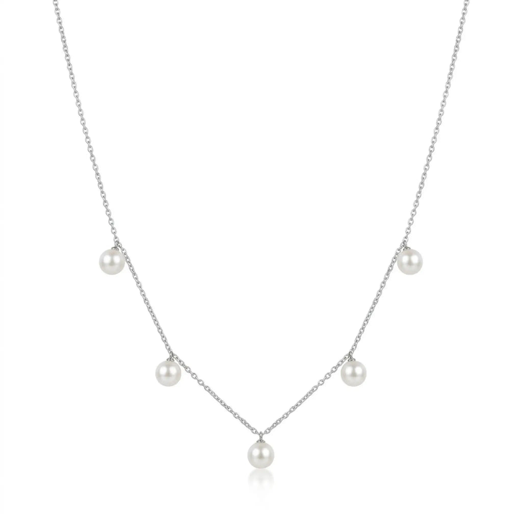 Pearl Station Drop Necklace in Sterling Silver - Minimalist Freshwater Pearl Dangle Choker