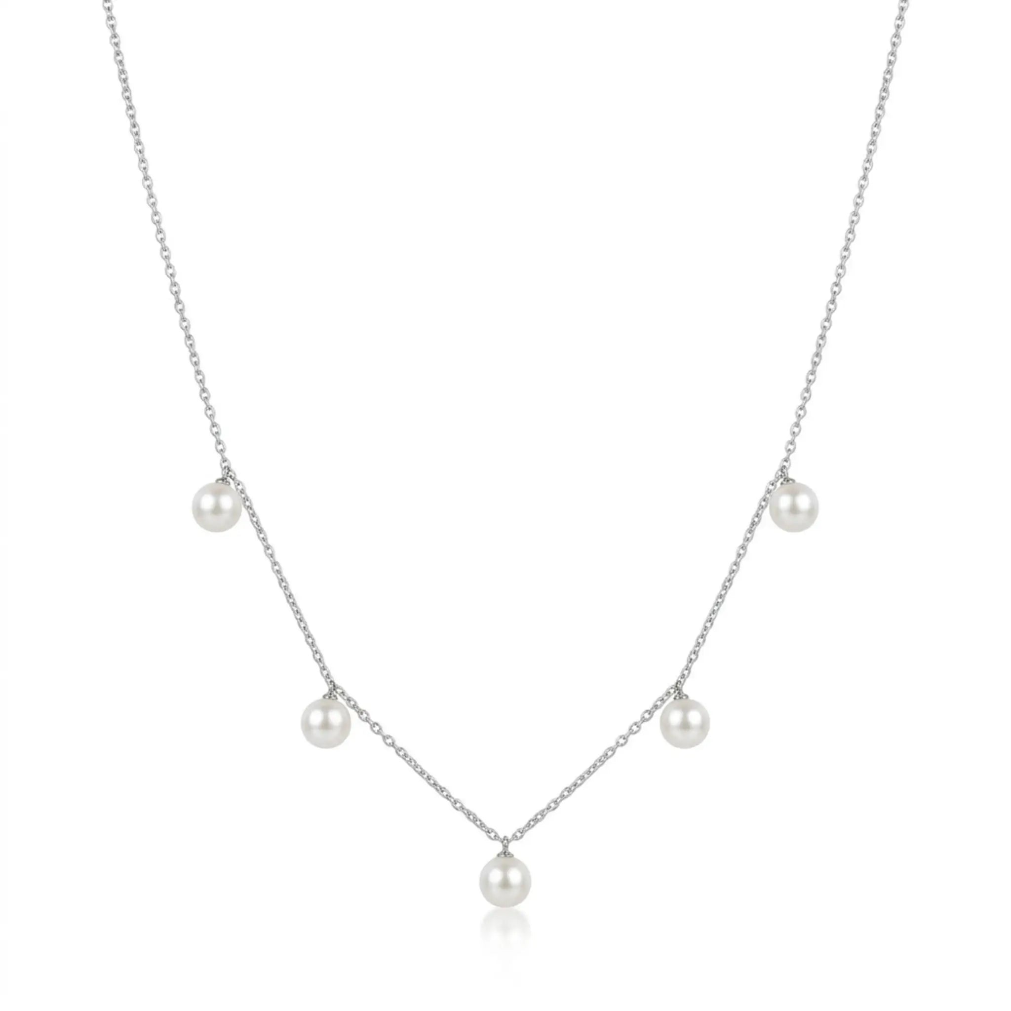 Pearl Station Drop Necklace in Sterling Silver - Minimalist Freshwater Pearl Dangle Choker