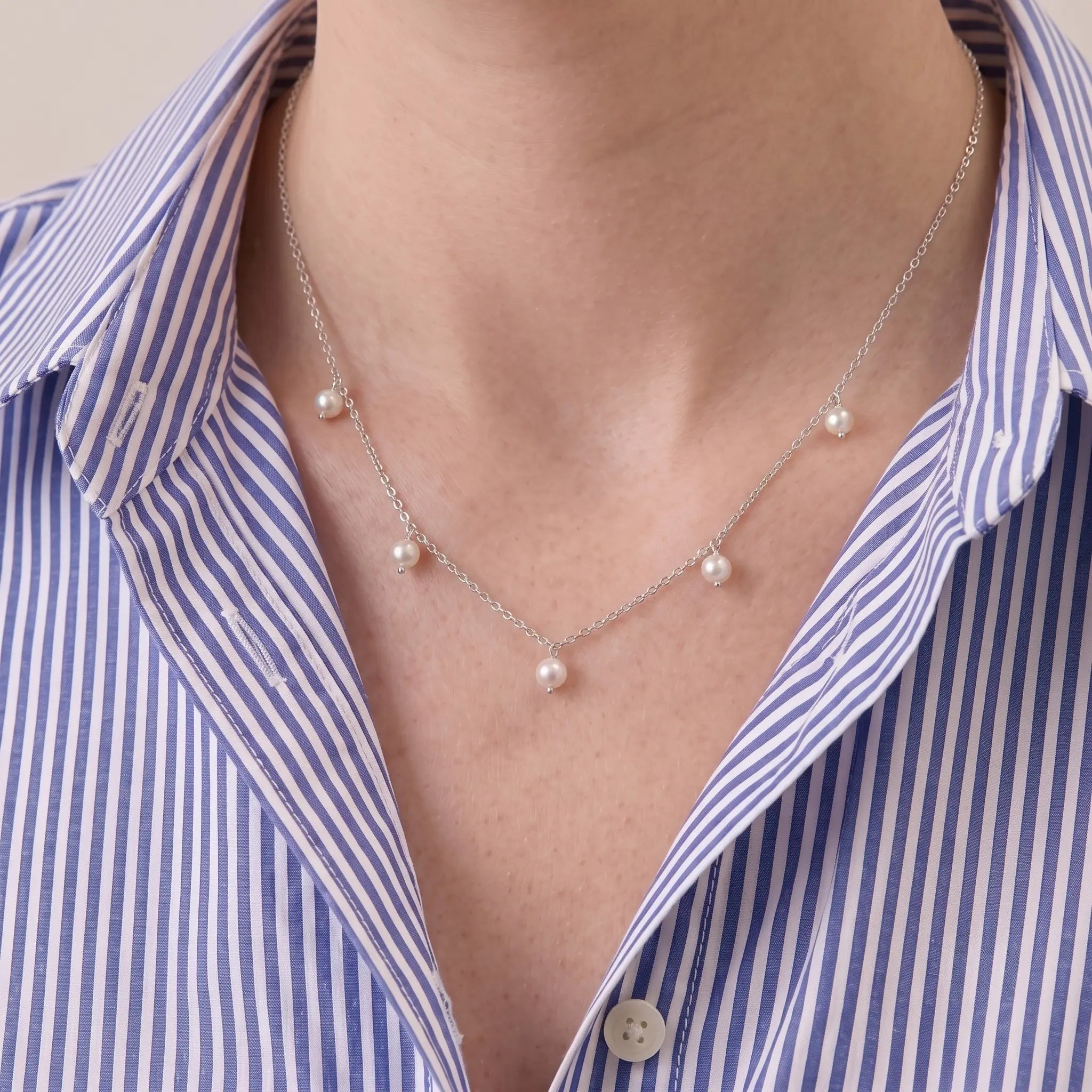 5-5.5mm Pearl Station Drop Necklace in Sterling Silver - Minimalist Freshwater Pearl Dangle Choker