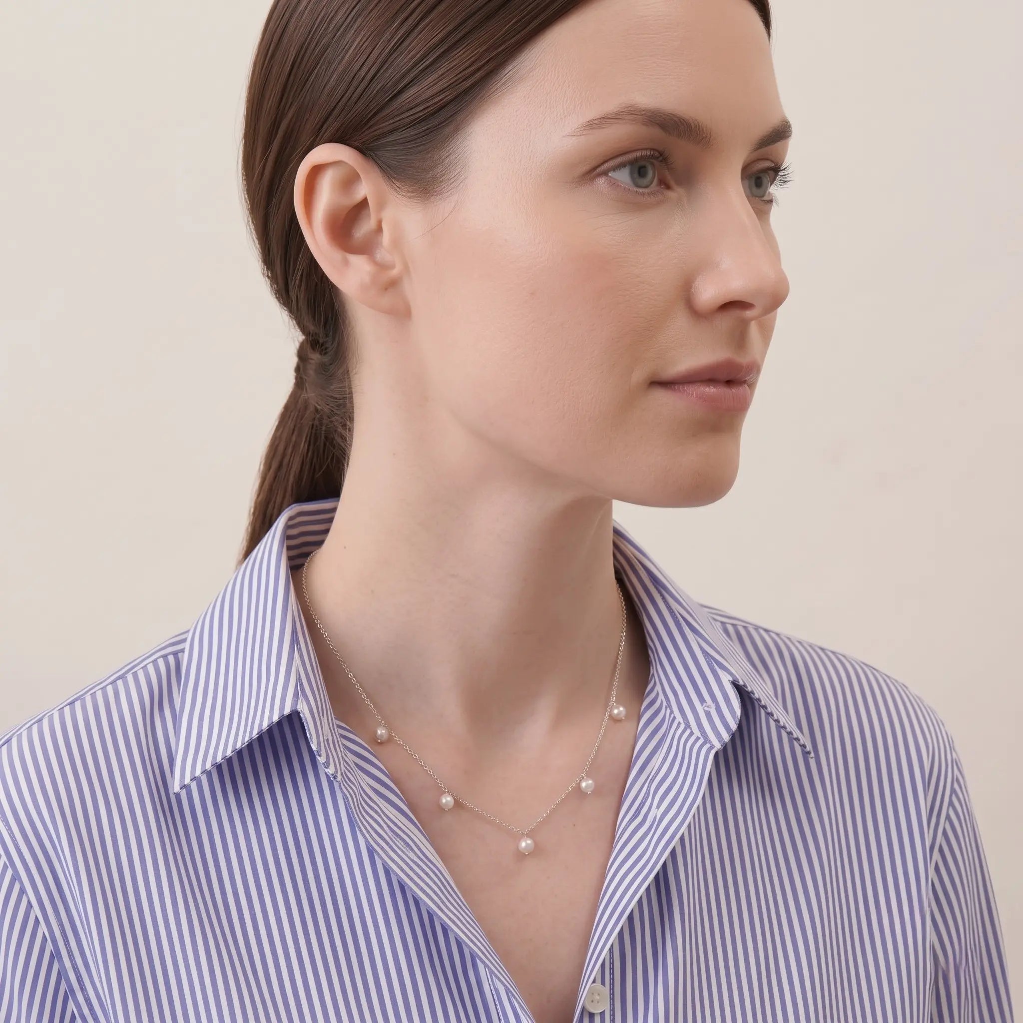 5-5.5mm Pearl Station Drop Necklace in Sterling Silver - Minimalist Freshwater Pearl Dangle Choker