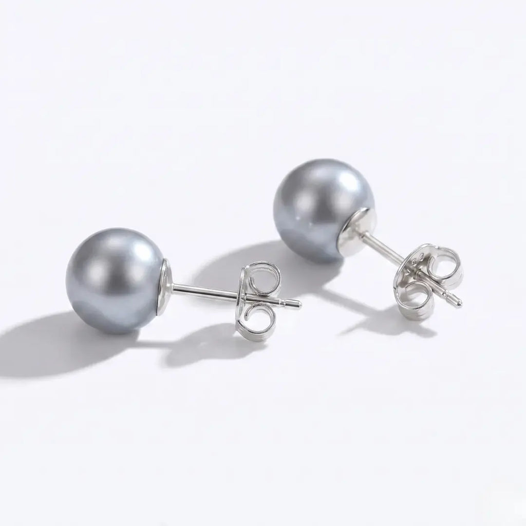 S925 Sterling Silver Gray Pearl Earrings, 7-7.5mm Natural Luster Studs