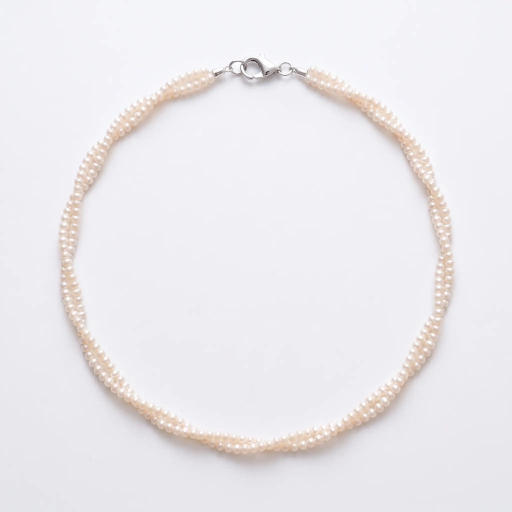 925 Sterling Silver 2.5-3mm Freshwater Pearl Twisted Double Strand Choker Necklace
