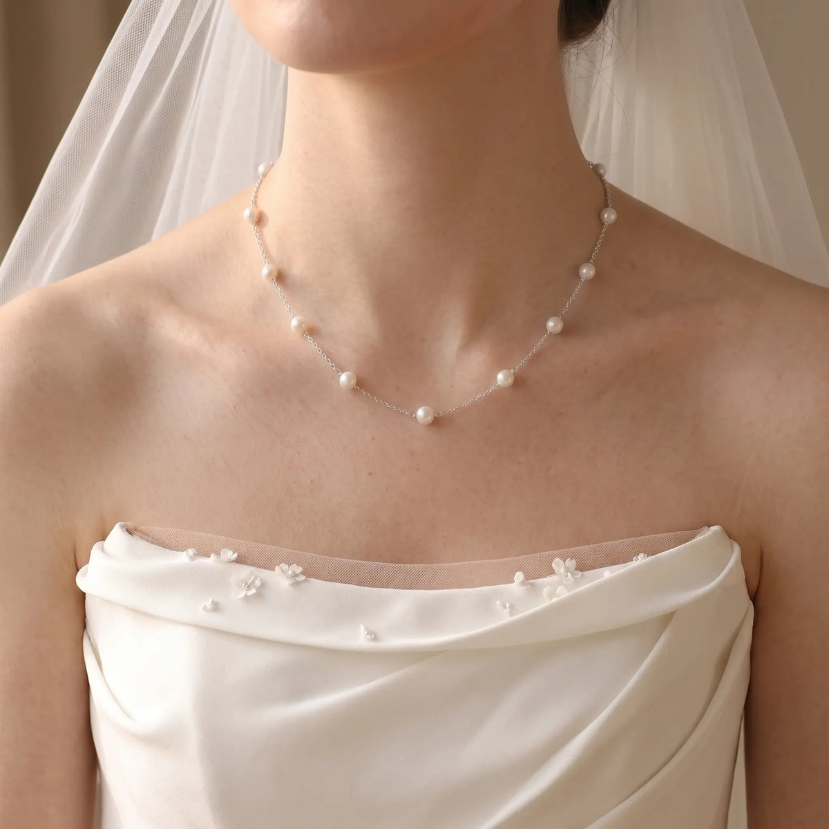 925 Sterling Silver 7–7.5mm Japanese Akoya Pearl Bridal Wedding Station Necklace for Bride & Wedding