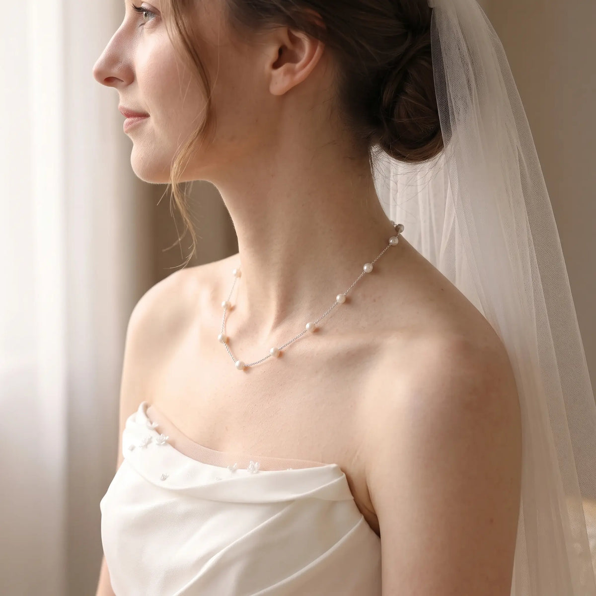 925 Sterling Silver 7–7.5mm Japanese Akoya Pearl Bridal Wedding Station Necklace for Bride & Wedding