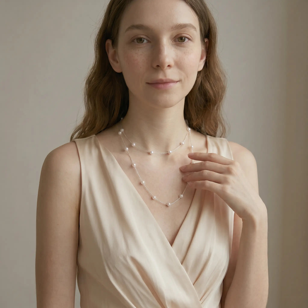 925 Sterling Silver Floating Pearl Long Necklace 6-6.5mm Station Opera Chain for Women