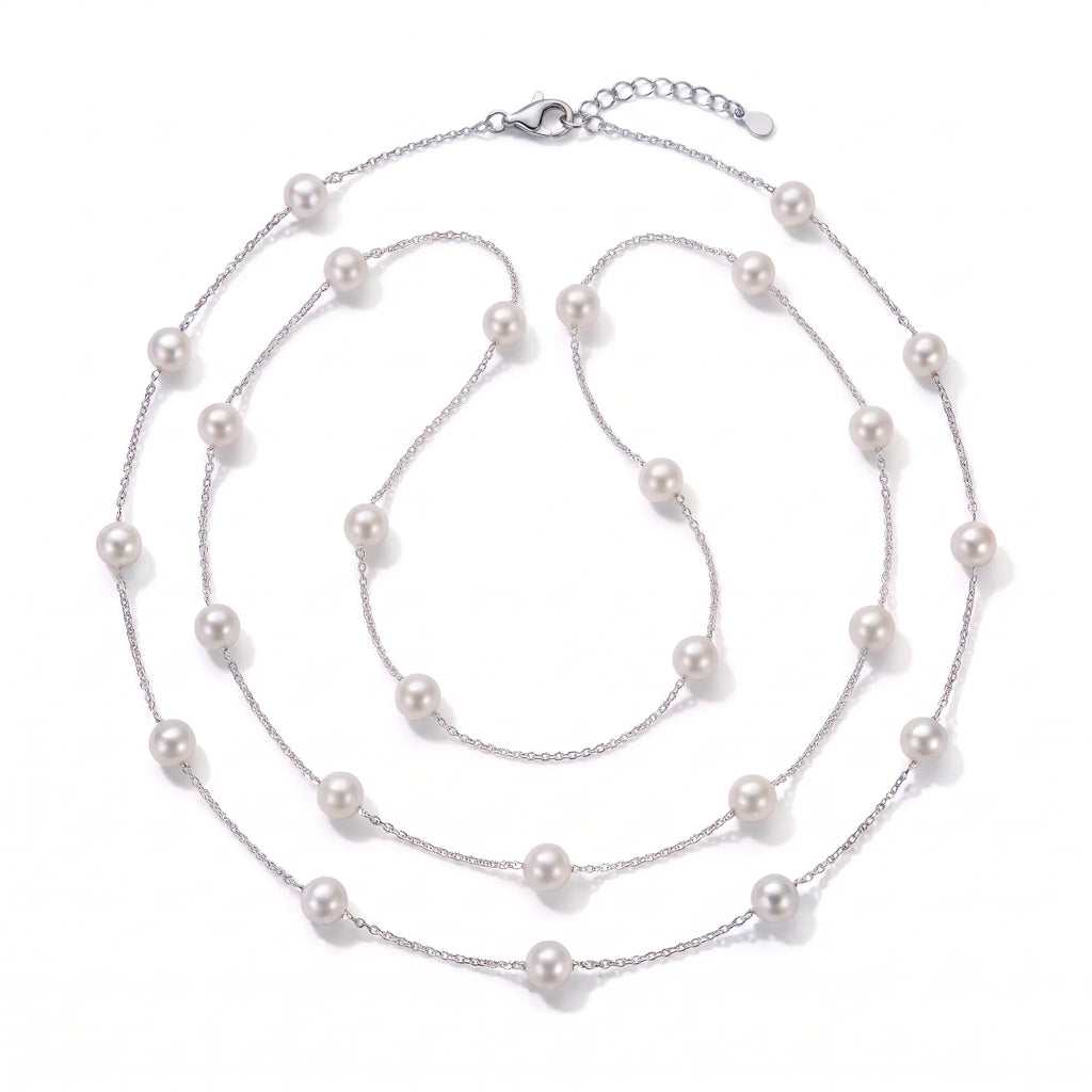 925 Sterling Silver Floating Pearl Long Necklace 6-6.5mm Station Opera Chain for Women
