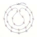 925 Sterling Silver Floating Pearl Long Necklace 6-6.5mm Station Opera Chain for Women