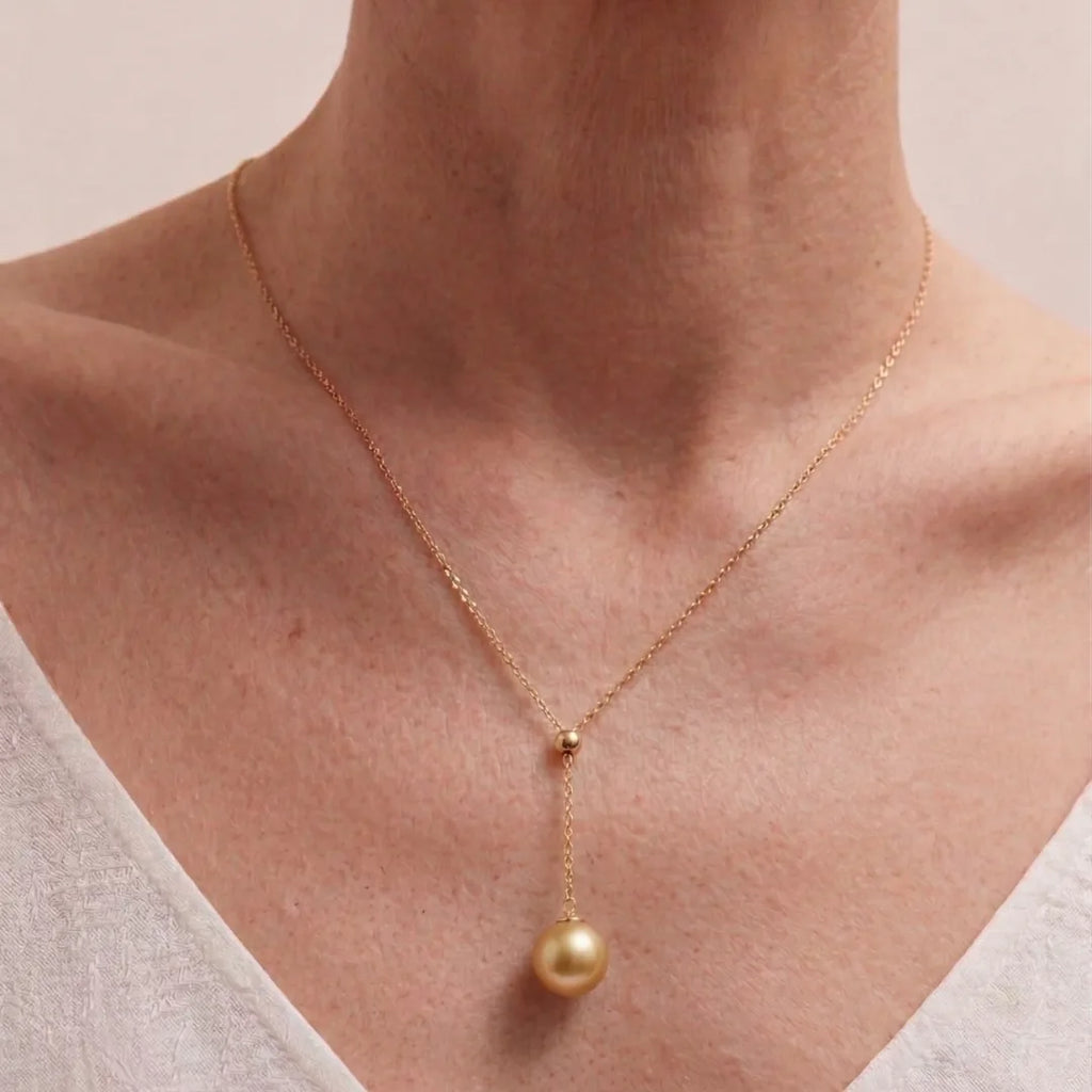 18K Gold South Sea Golden Pearl Y Pendant, 10-10.5mm Rare Gold Pearl Necklace
