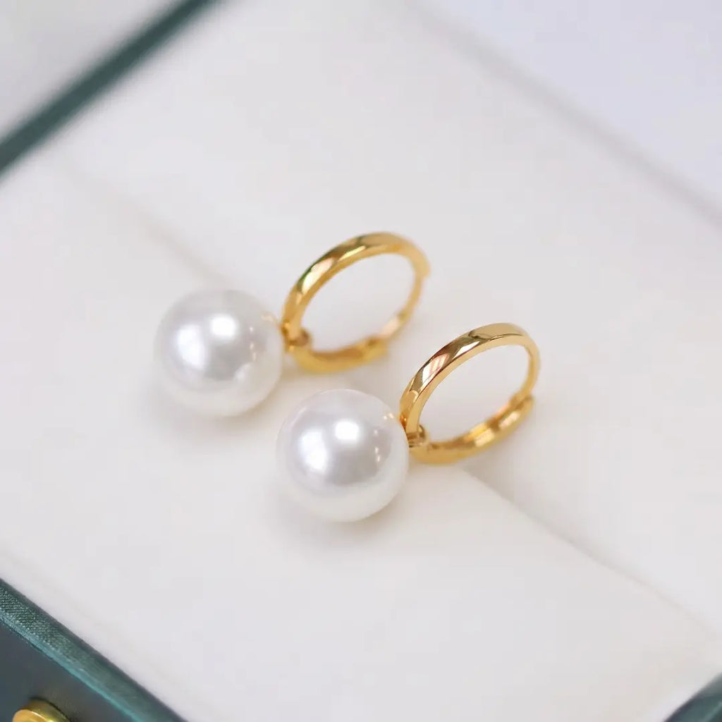18K Gold Akoya Pearl Hoop Earrings, Natural Untreated Japanese Pearl Drops