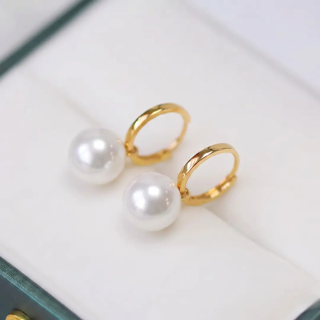 18K Gold Akoya Pearl Hoop Earrings, Natural Untreated Japanese Pearl Drops