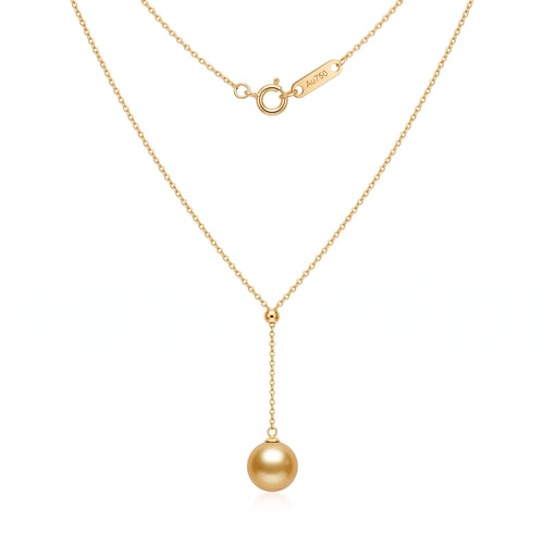 18K Solid Gold 9-9.5mm Golden South Sea Pearl Lariat Necklace for Women
