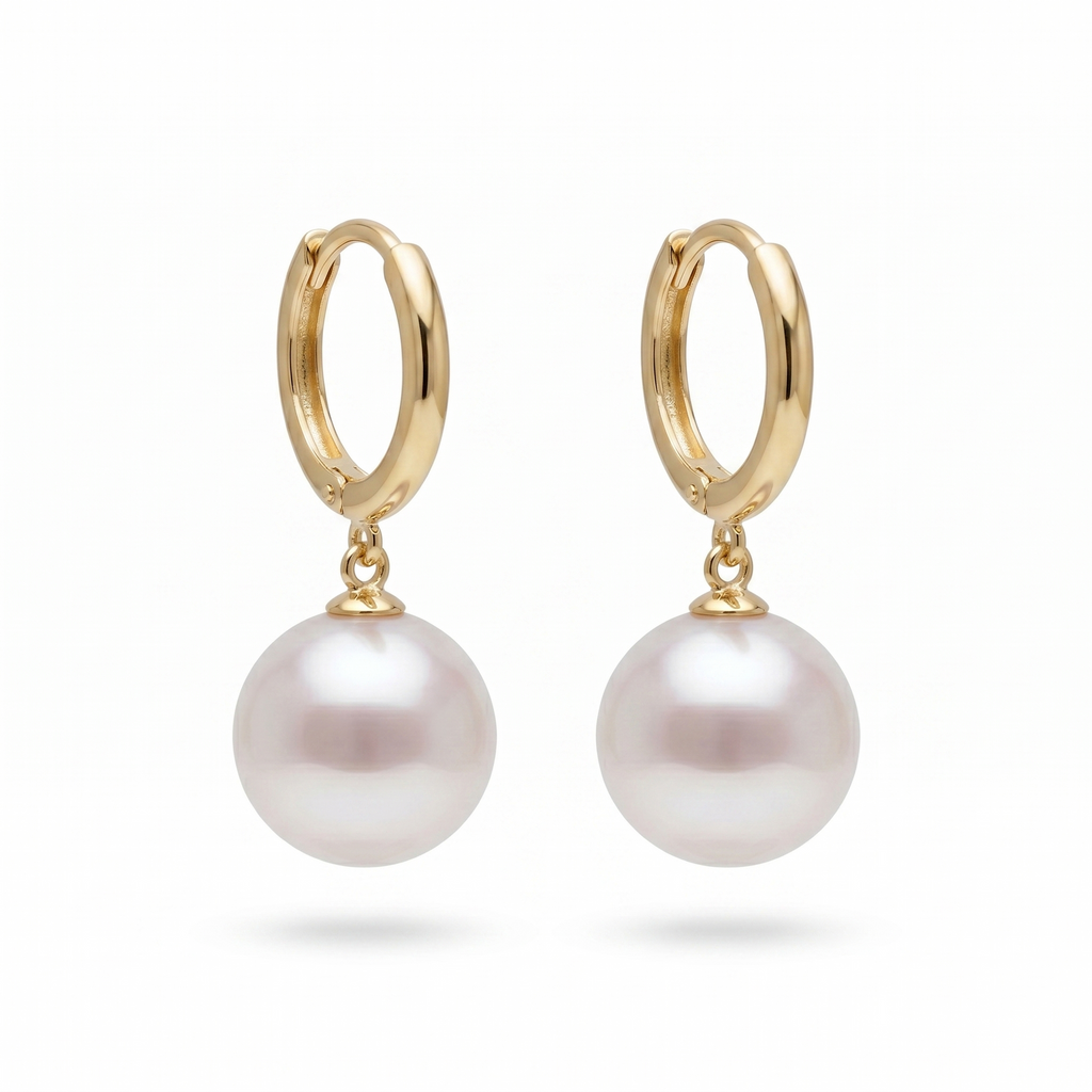18K Gold Akoya Pearl Hoop Earrings, Natural Untreated Japanese Pearl Drops