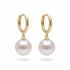 18K Gold Akoya Pearl Hoop Earrings, Natural Untreated Japanese Pearl Drops