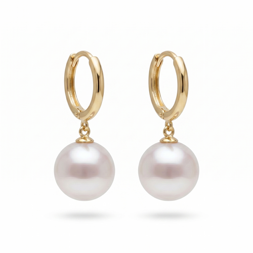 18K Gold Akoya Pearl Hoop Earrings, Natural Untreated Japanese Pearl Drops
