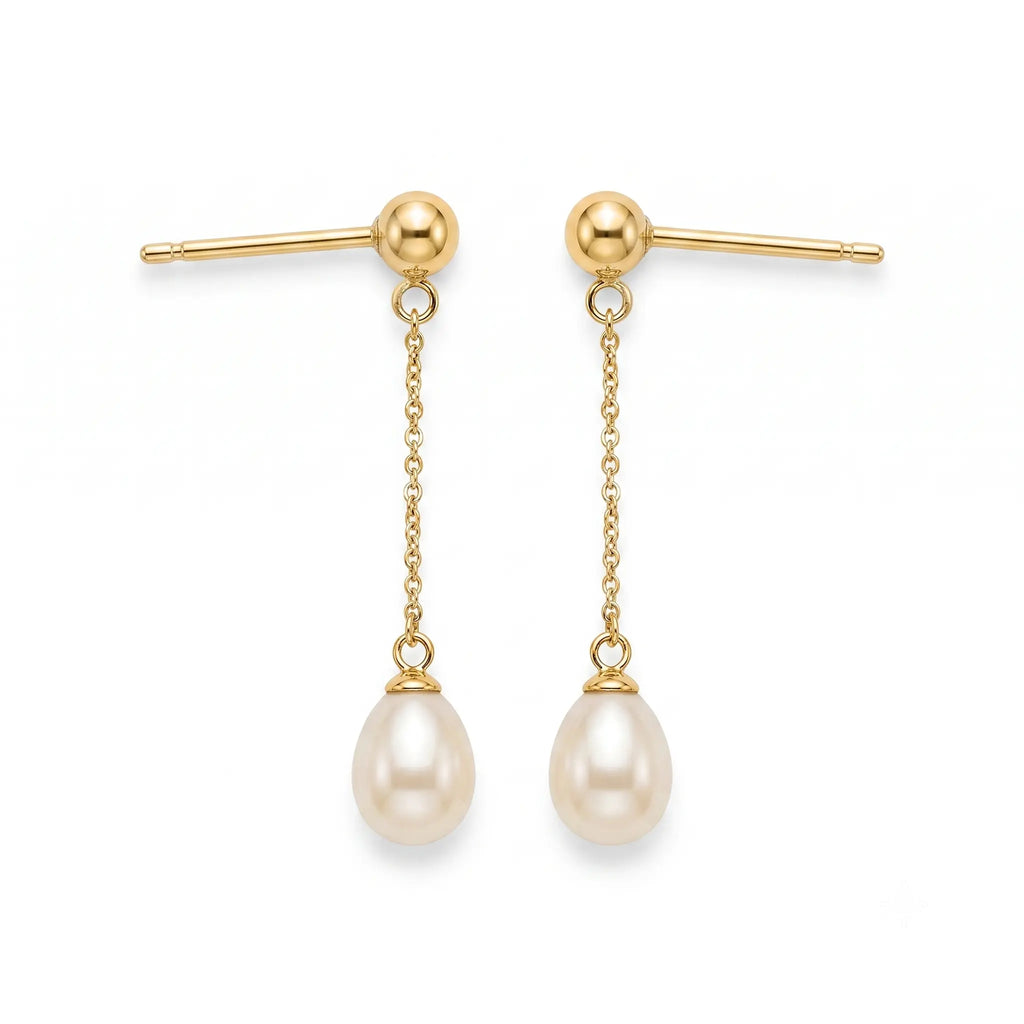 18K gold Taihu freshwater rice pearl threader earrings featuring luminous teardrop pearls and a minimalist long-chain design.