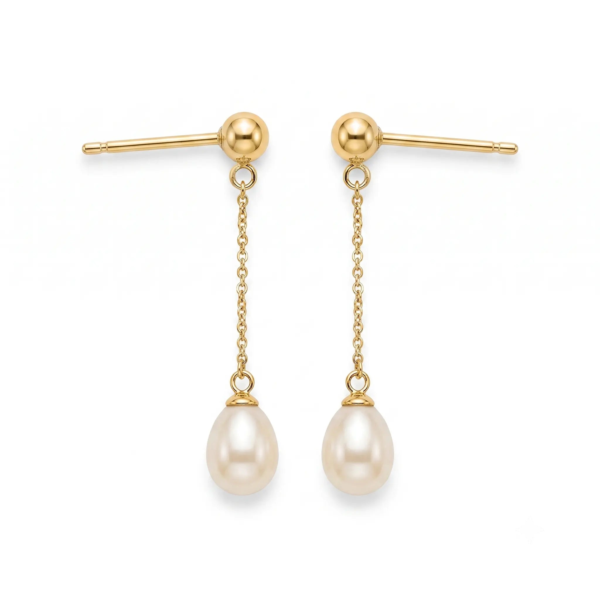 18K gold Taihu freshwater rice pearl threader earrings featuring luminous teardrop pearls and a minimalist long-chain design.