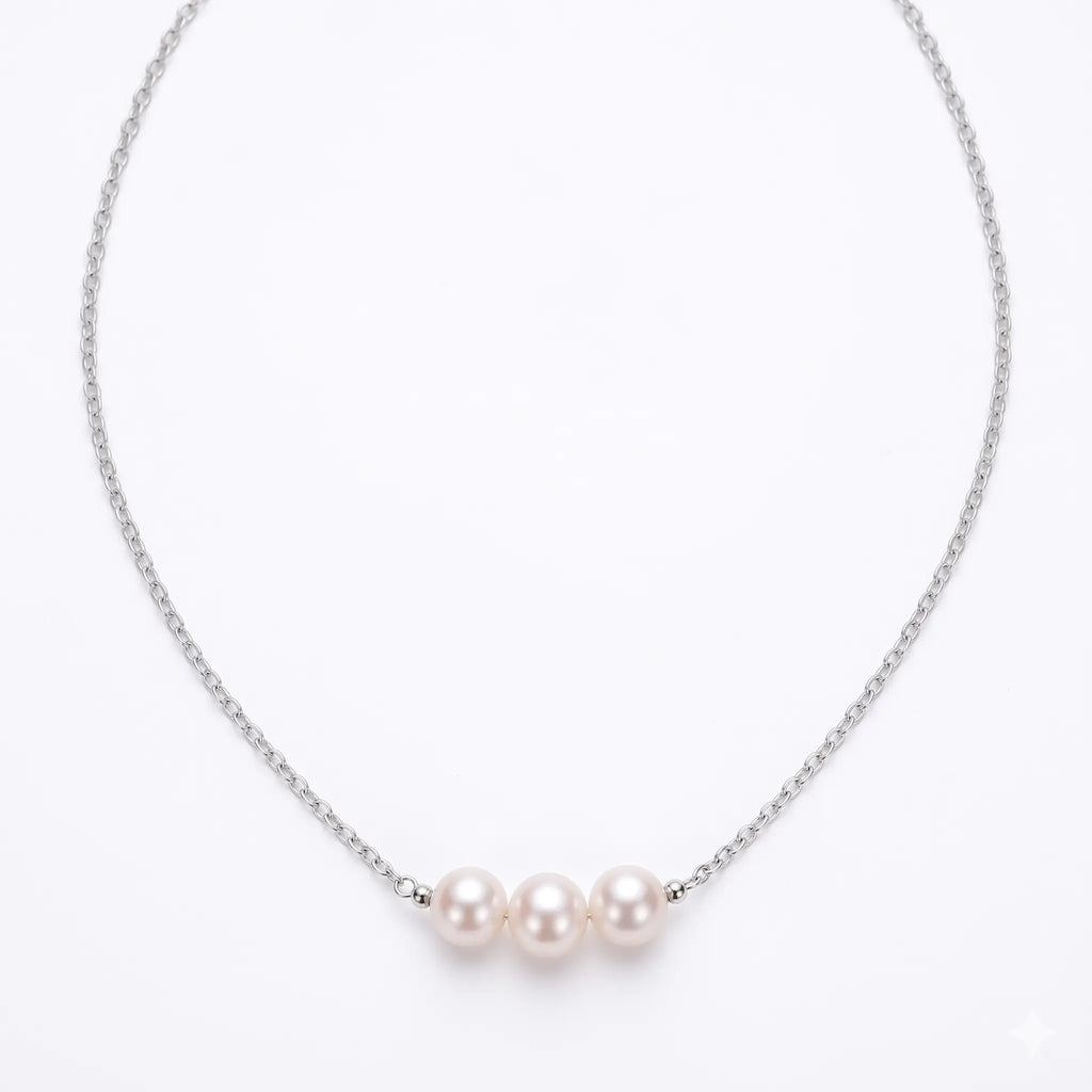 925 Sterling Silver Triple Pearl Necklace, 7-7.5mm White Freshwater Pearls