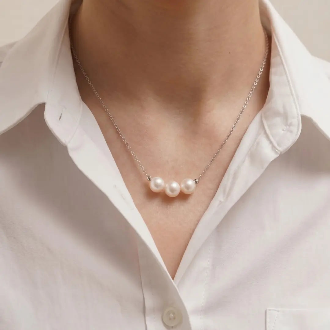 925 Sterling Silver Triple Pearl Necklace, 7-7.5mm White Freshwater Pearls