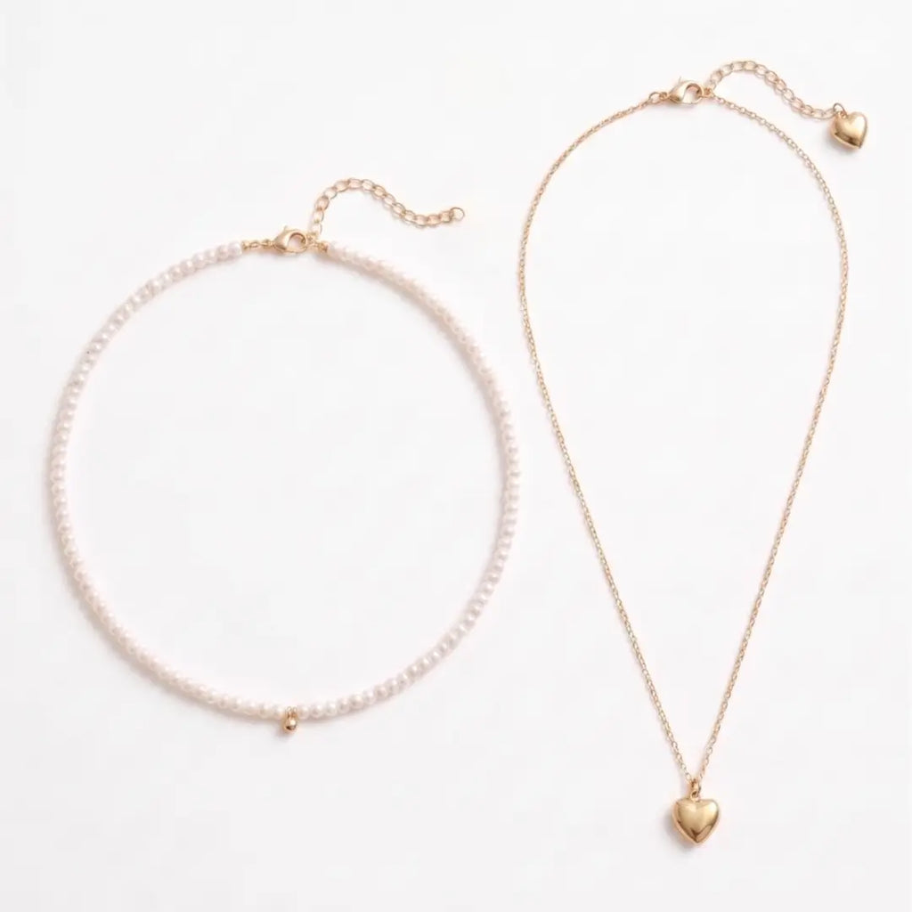 Versatile 2-Piece Set: Gold Pearl & Heart Layering Necklace