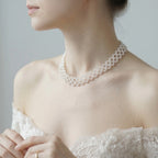 Woven Pearl Choker Necklace Lattice Mesh Bridal Wedding Jewelry for Women White