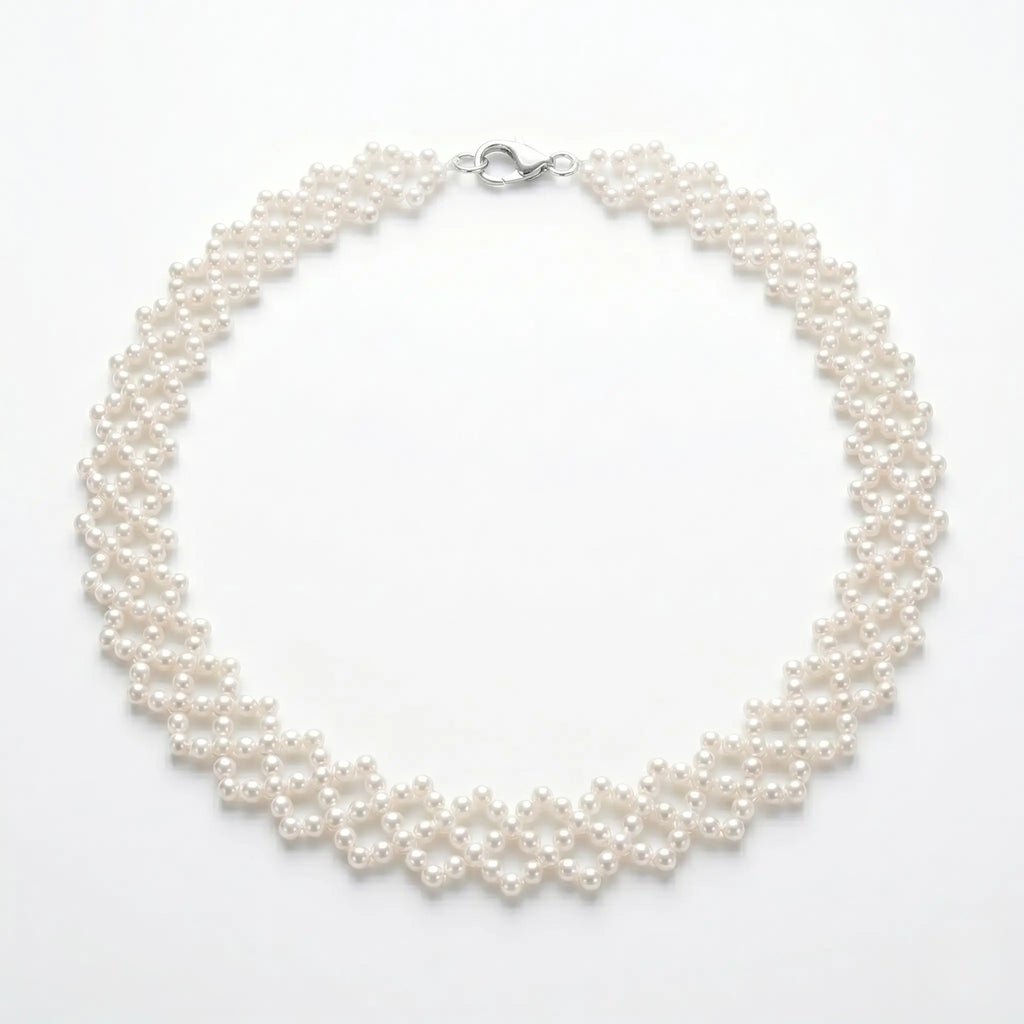 Woven Pearl Choker Necklace Lattice Mesh Bridal Wedding Jewelry for Women White