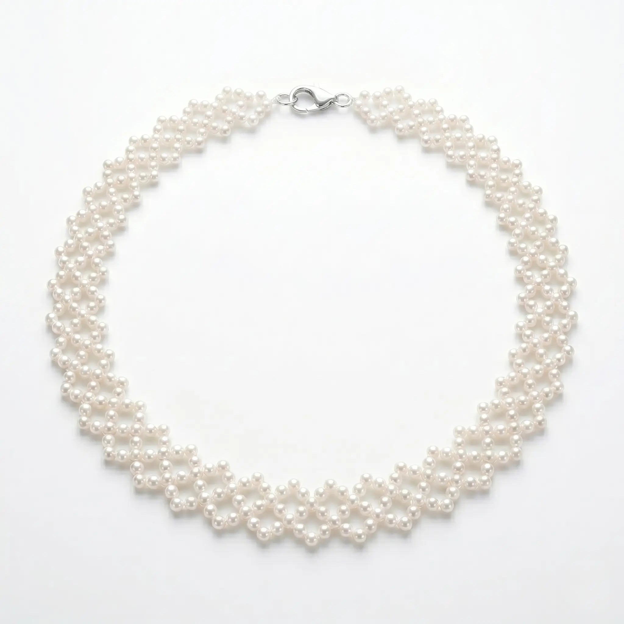 Woven Pearl Choker Necklace Lattice Mesh Bridal Wedding Jewelry for Women White