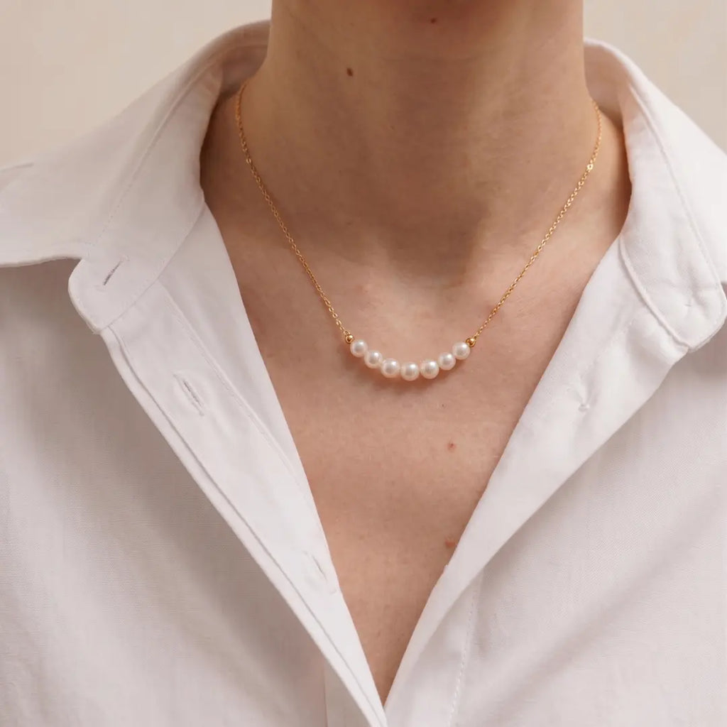 18K Gold Japanese Akoya Pearl Necklace, Lucky 7 Smile Design 5-5.5mm Pearls