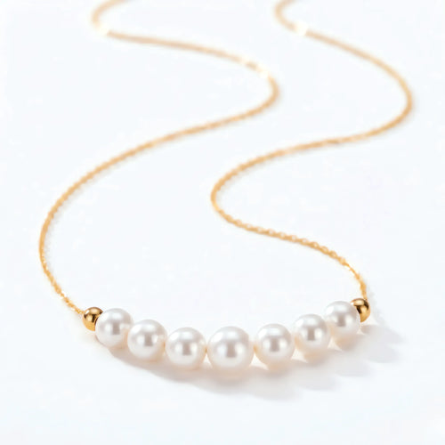 18K Gold Japanese Akoya Pearl Necklace, Lucky 7 Smile Design 5-5.5mm Pearls