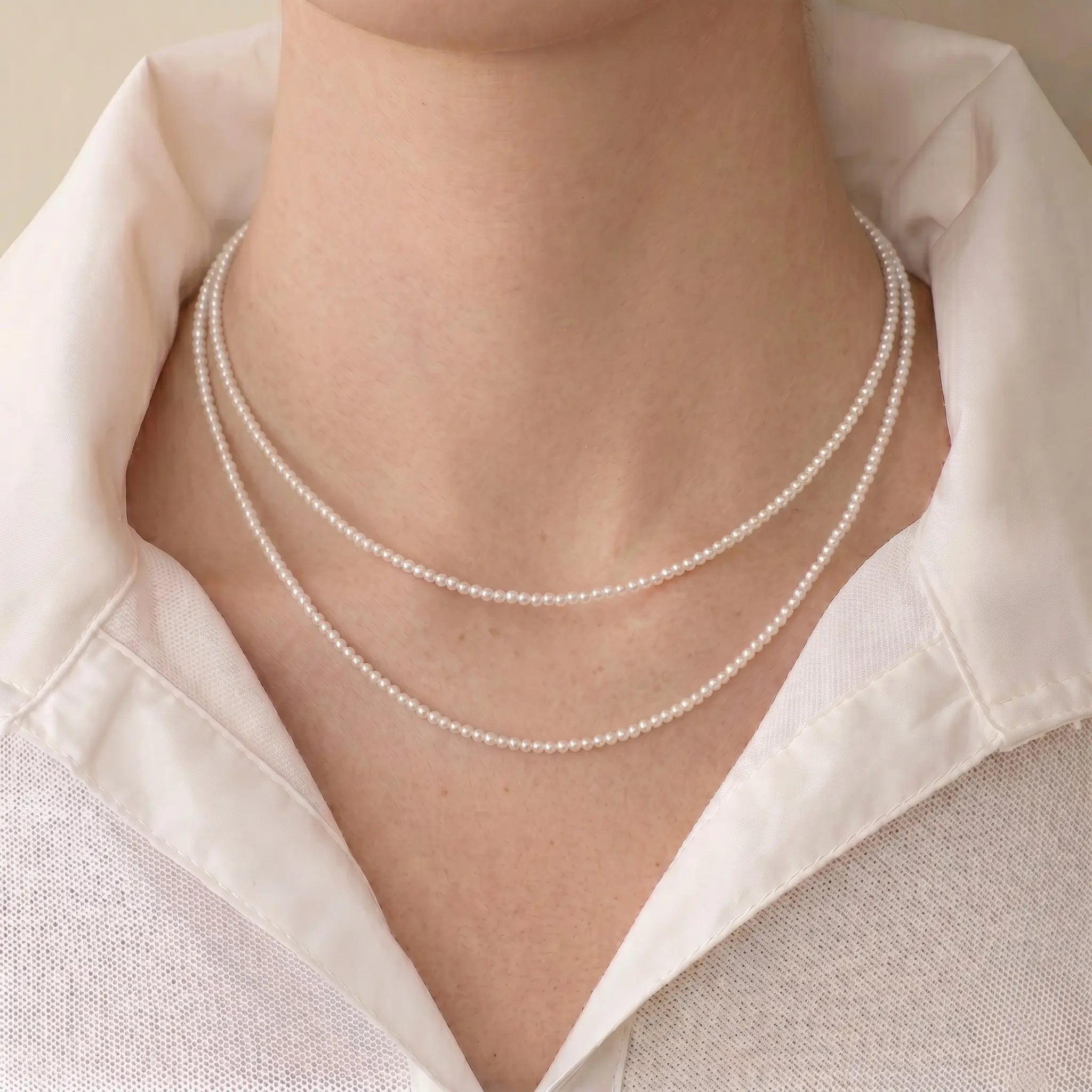 18K Gold Double-Strand Freshwater Pearl Necklace, AAA White Cultured Pearls