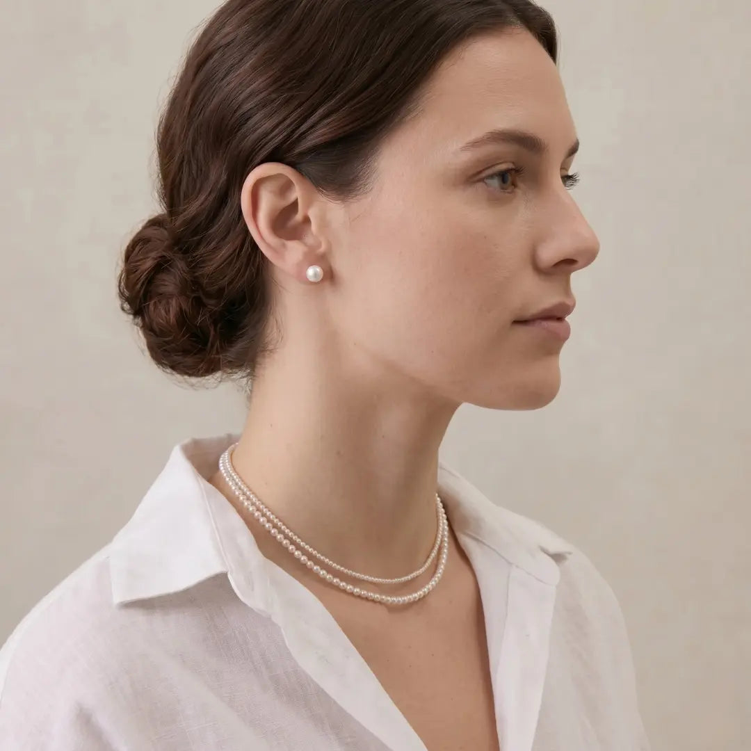 18K Gold Double-Strand Freshwater Pearl Necklace, AAA White Cultured Pearls