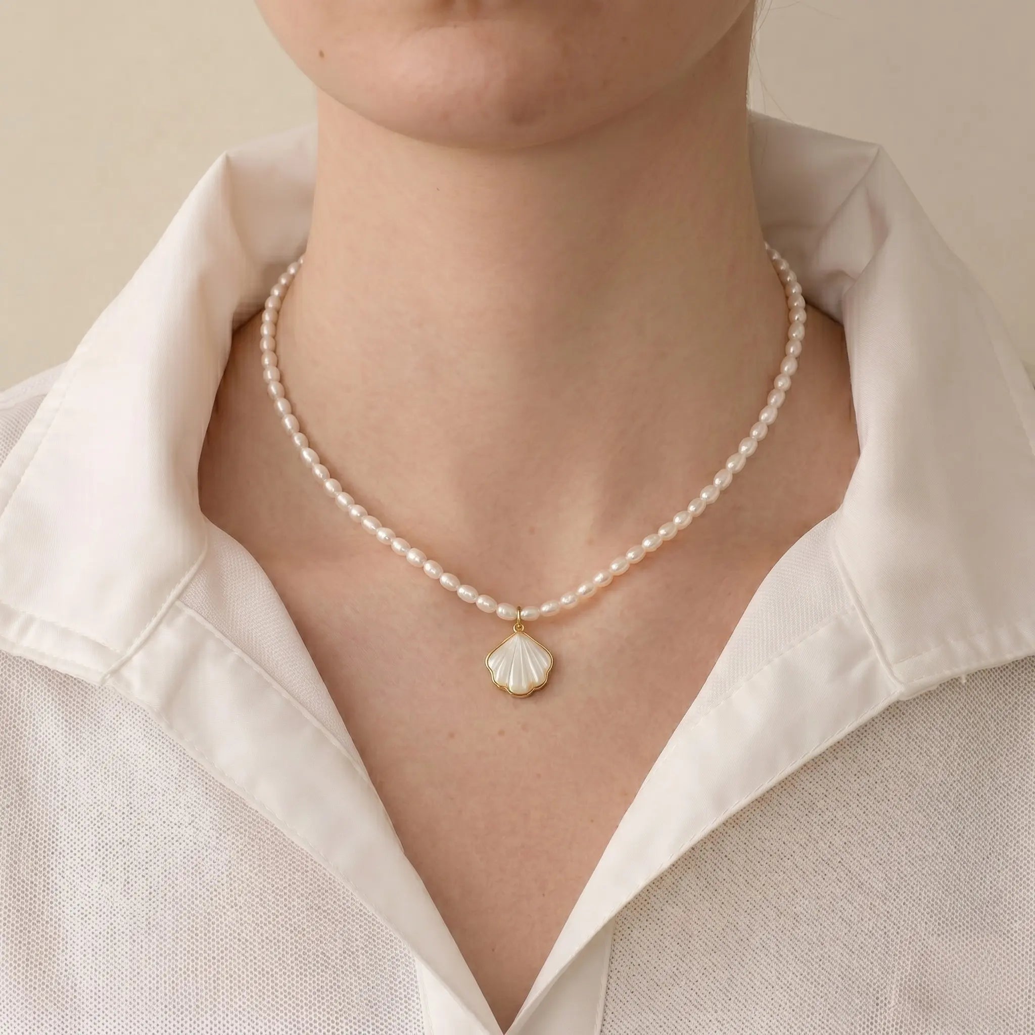 Freshwater Pearl Necklace with Shell Pendant, 4-5mm Dainty White Pearl Jewelry