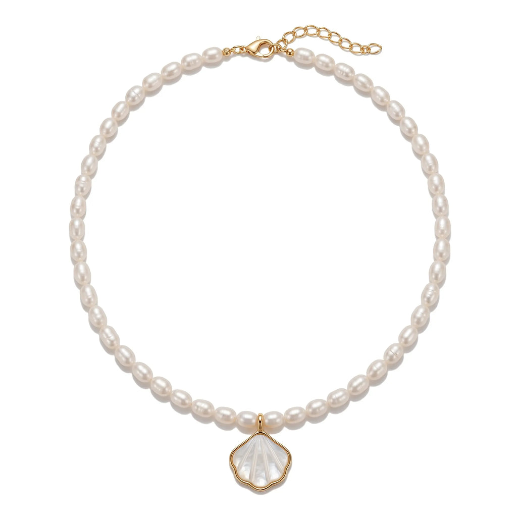 Freshwater Pearl Necklace with Shell Pendant, 4-5mm Dainty White Pearl Jewelry