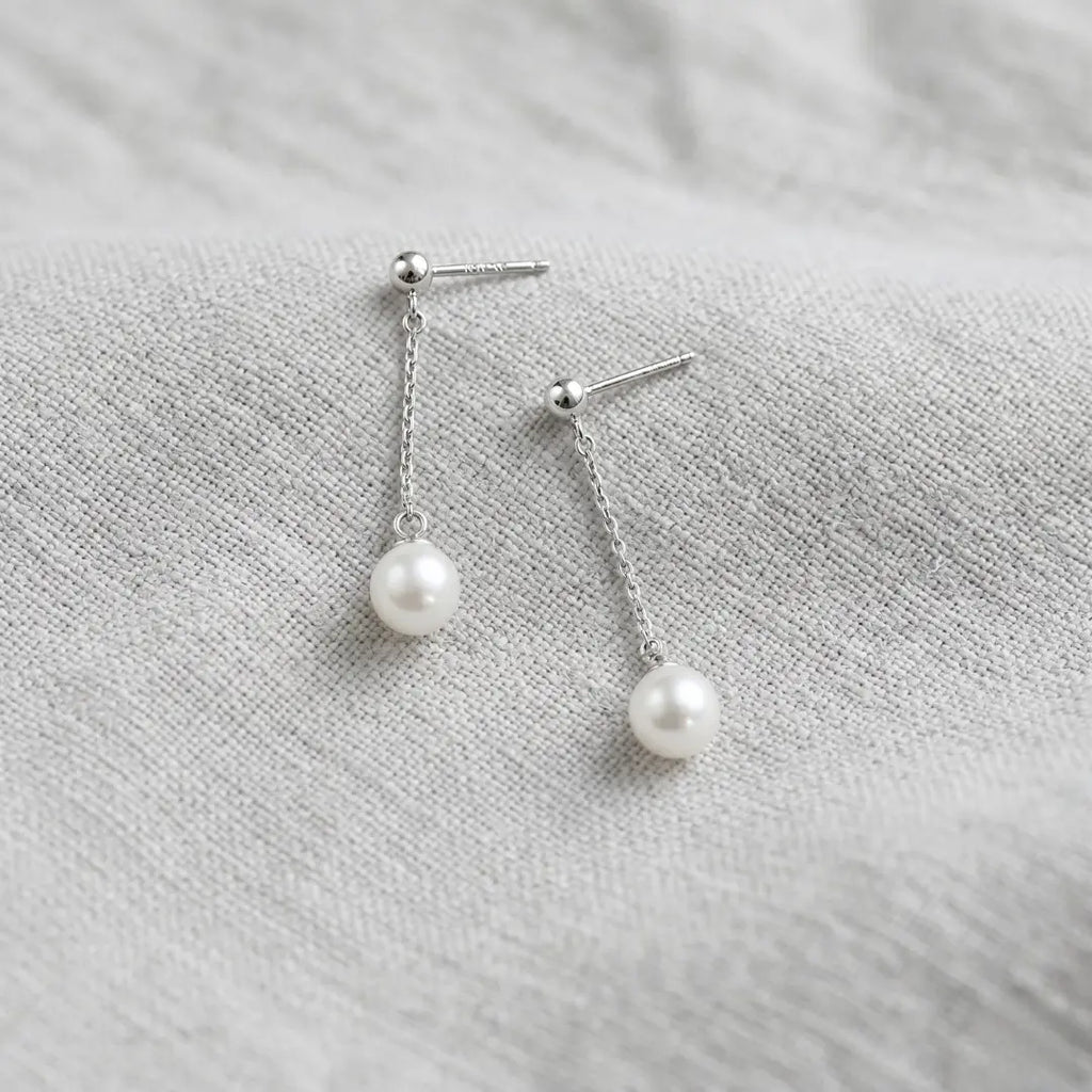 Akoya Pearl Chain Drop Stud Earrings - Rhodium Plated 925 Silver
