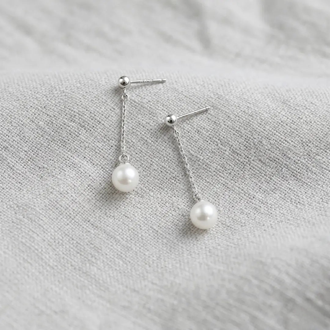 Akoya Pearl Chain Drop Stud Earrings - Rhodium Plated 925 Silver