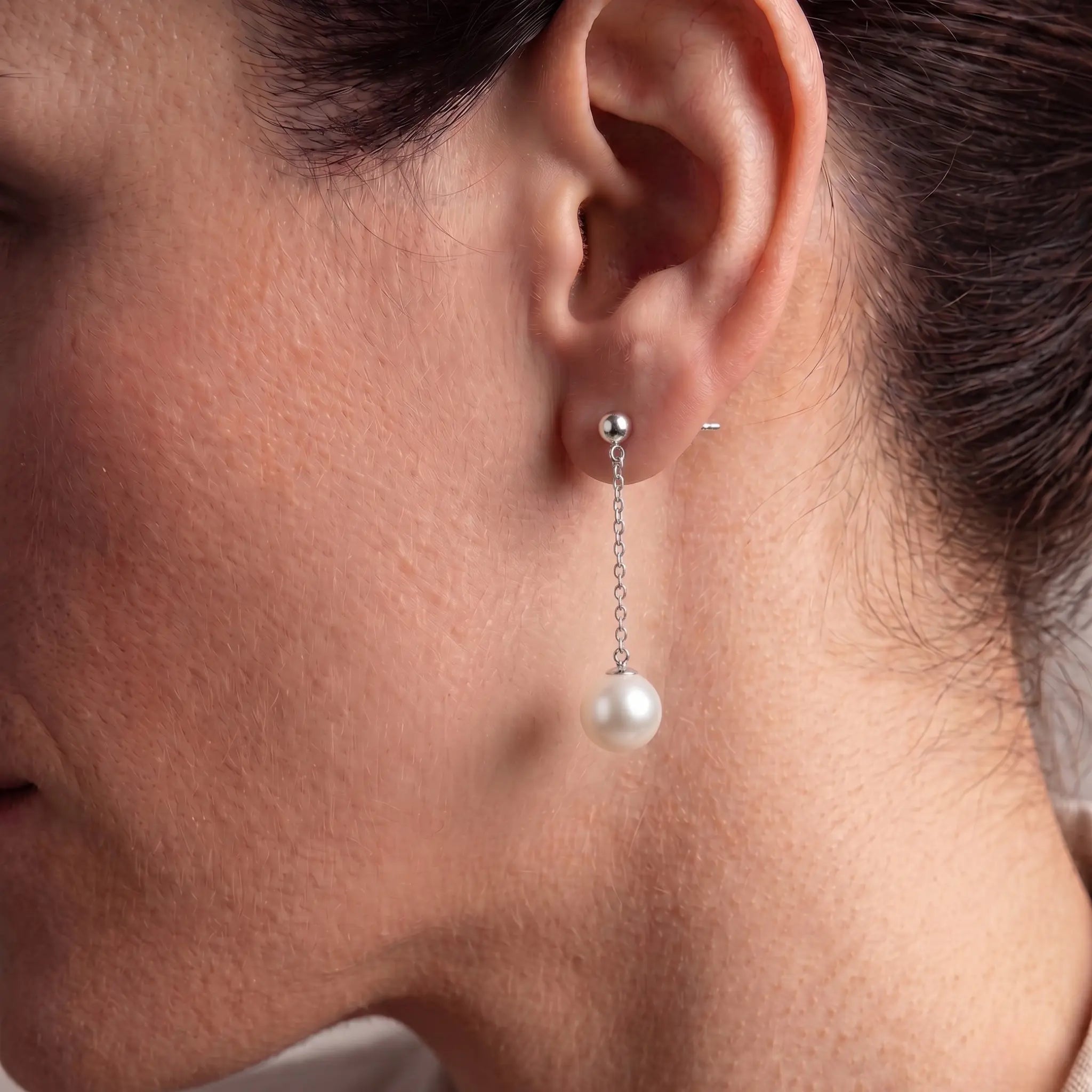 Akoya Pearl Chain Drop Stud Earrings -18K White Gold Plated 925 Silver