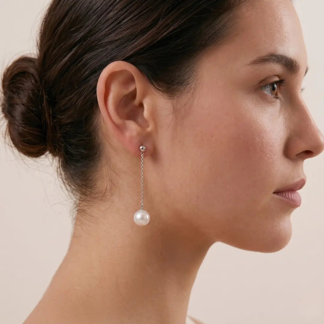 Akoya Pearl Chain Drop Stud Earrings - Rhodium Plated 925 Silver