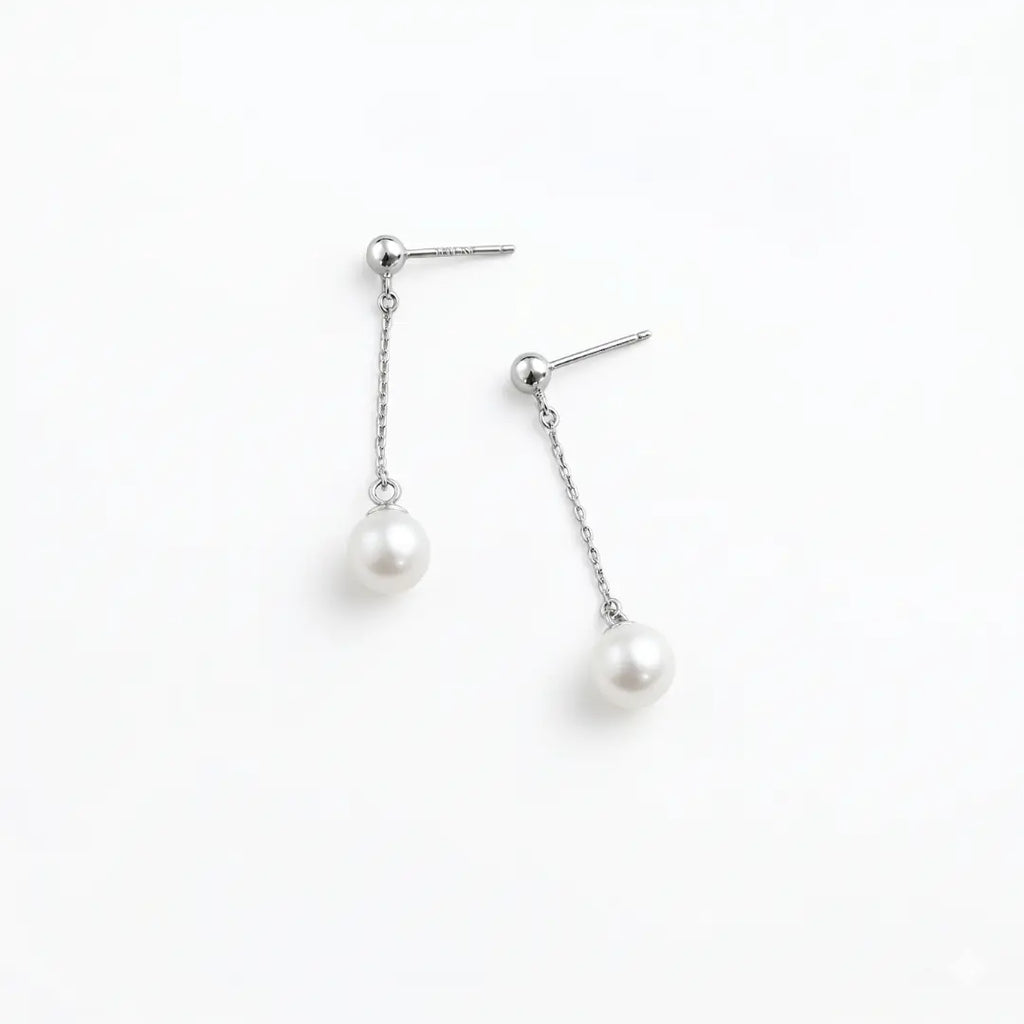 Akoya Pearl Chain Drop Stud Earrings - Rhodium Plated 925 Silver
