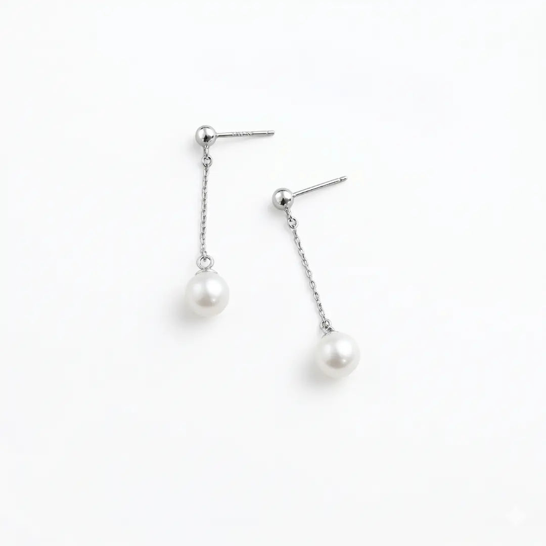 Akoya Pearl Chain Drop Stud Earrings - Rhodium Plated 925 Silver