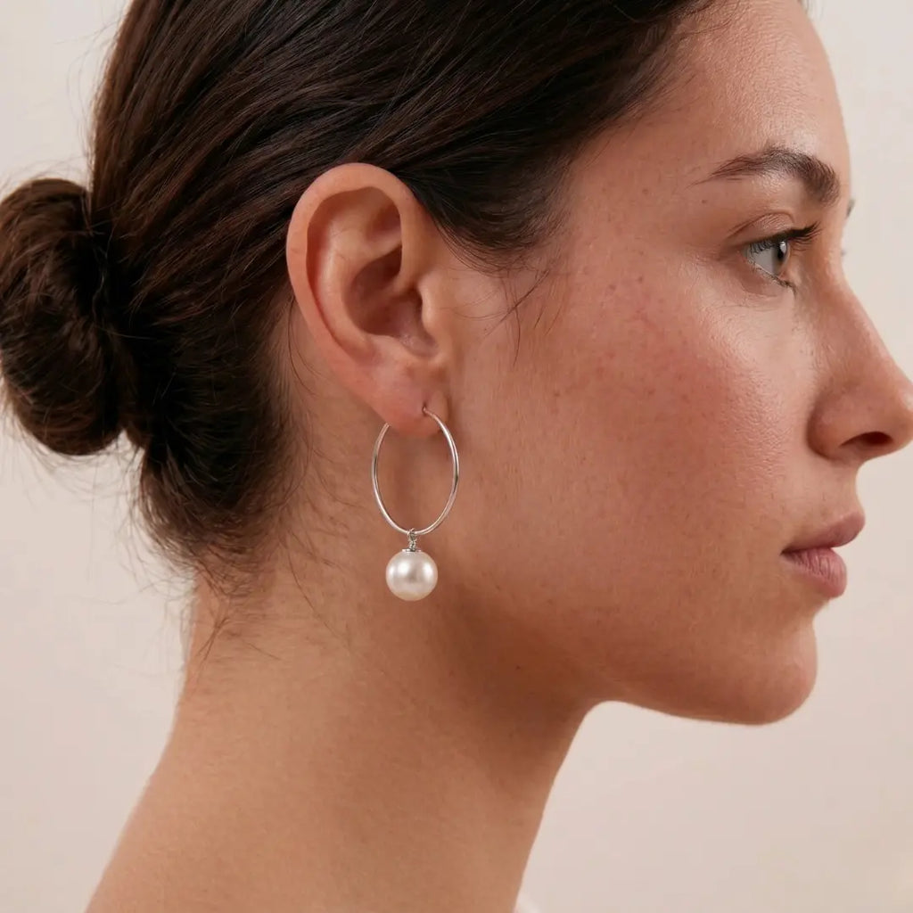 Japanese Akoya Pearl Drop Hoop Earrings - 18K White Gold Plated Sterling Silver