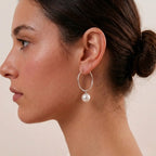 Japanese Akoya Pearl Drop Hoop Earrings - 18K White Gold Plated Sterling Silver